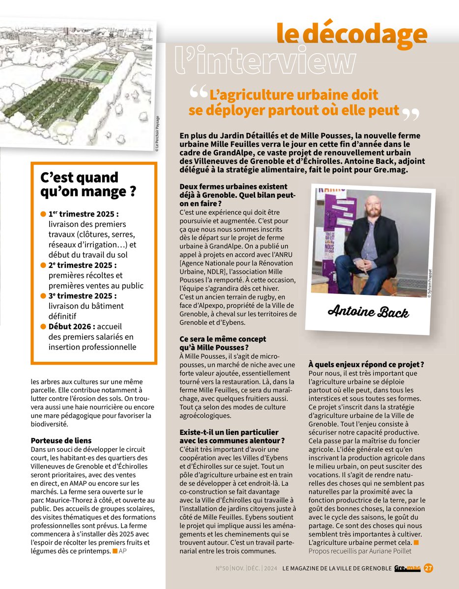 Bientôt une 3ème ferme urbaine à #Grenoble !
"Mille Feuilles", ferme d'insertion professionnelle de plus d'un hectare, en maraîchage bio-intensif et agroforesterie, sortira de terre cet hiver !
🥕👩‍🌾🧑‍🌾🏙️
Gremag n°50 novembre-décembre 2024 grenoble.fr/gremag