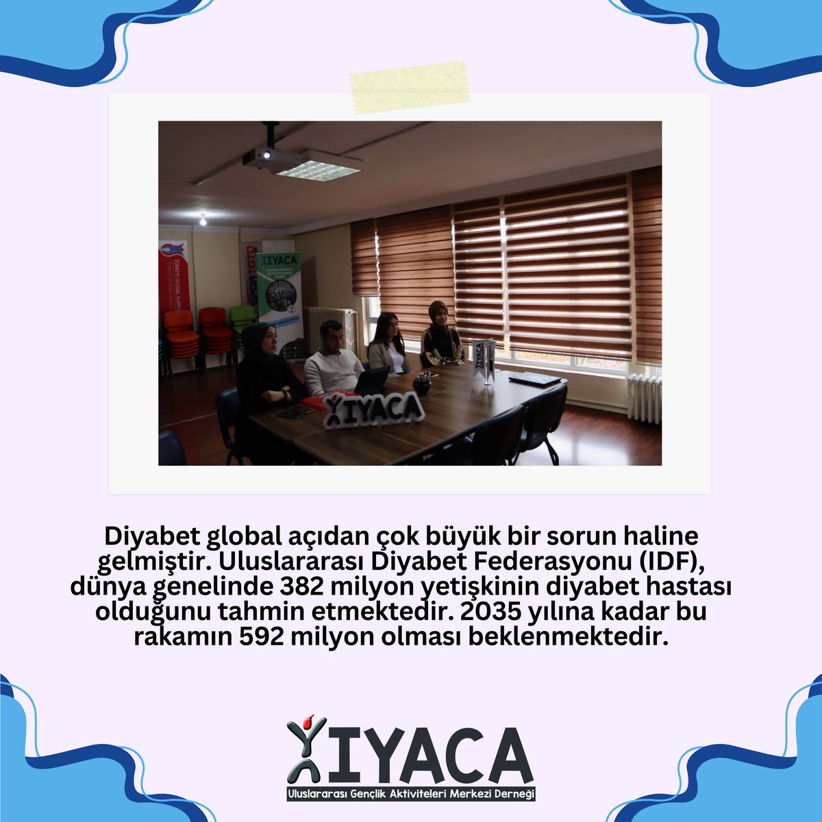 iyacaorg's tweet photo. 14 Kasım Diyabet Farkındalık Günü’nde, IYACA gönüllüleri olarak diyabet konusunda farkındalık etkinliği düzenledik. Diyabetin belirtileri, önleme yolları ve sağlıklı yaşam alışkanlıkları hakkında paylaşımlar yaparak farkındalık yarattık.
#iyaca #iyacateam #iyacavolunteers https://t.co/PyhDCdk99s