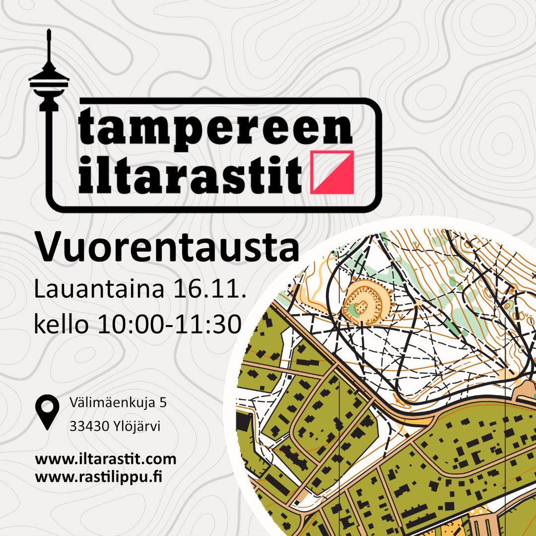 Tulevana lauantaina suunnistusta on tarjolla Vuorentaustassa! 

📌 Kartanmyynti Vuorentaustan koululla
🗺 3km rata mittakaavassa 1:7500, 5km ja 7 km radat 1:10000.
🌲 Rastit sijaitsevat polkurikkaassa metsämaastossa, siirtymiä alueelta toiselle kortteleiden läpi