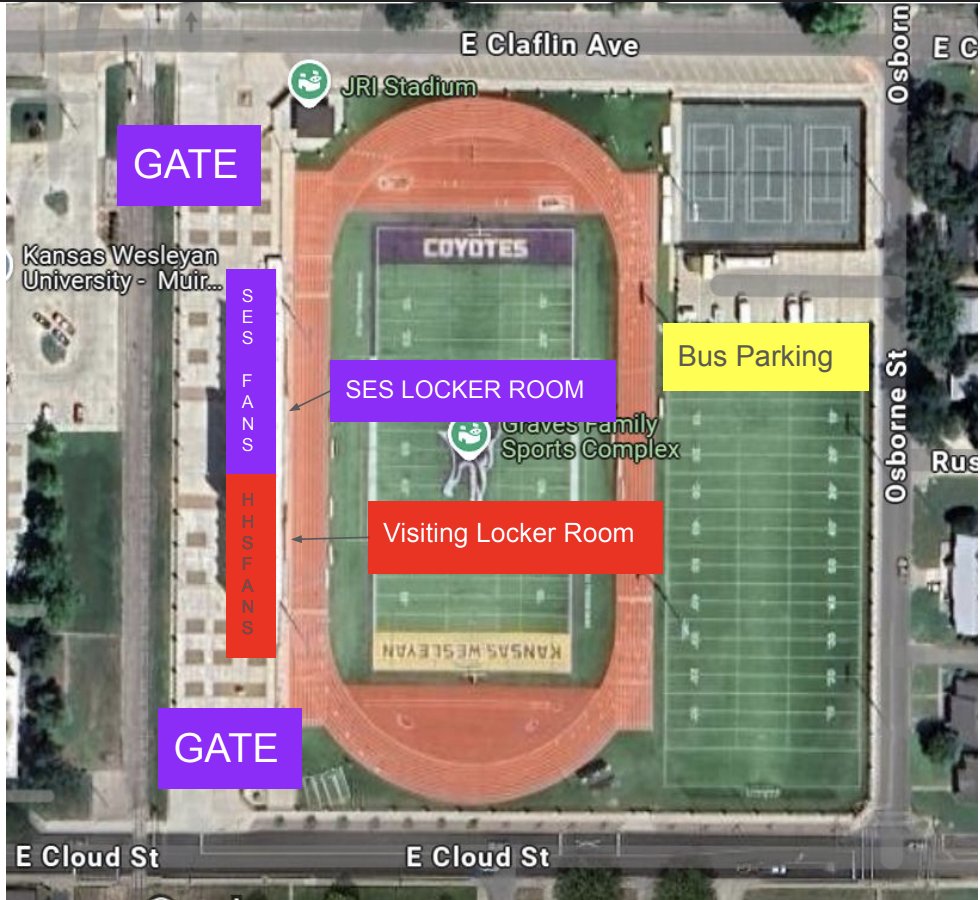 Friday nights Sectional FB game vs. SES has been moved to Kansas Wesleyan University in Salina.  The below picture shows gates and where our fans are to sit.  Game time is still 7pm.  Come out and support Cardinal Football making another run in the state playoffs.