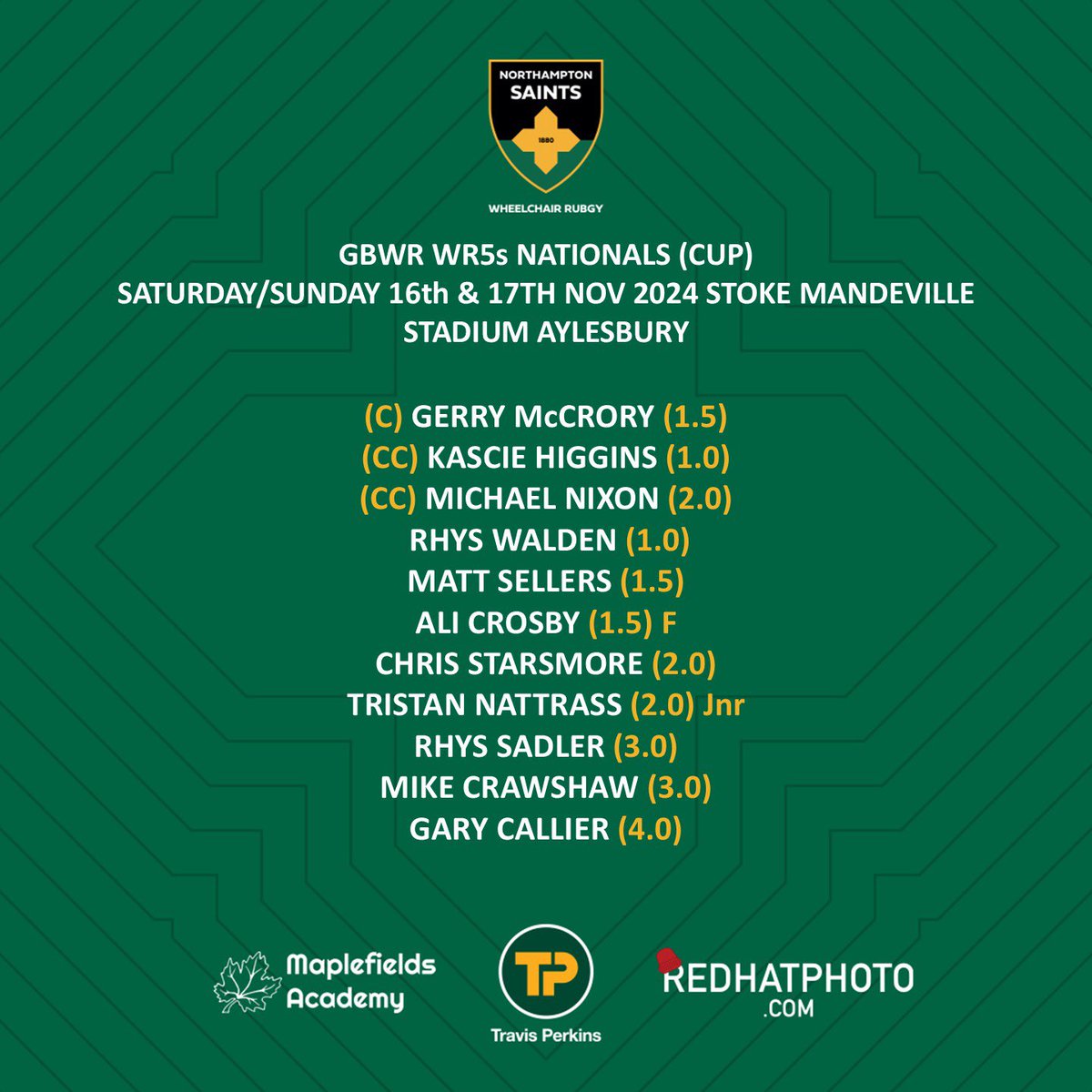 Northampton Saints Community (@saintscomm) on Twitter photo Our Saints WRC Team for this weekends WR5s Nationals.
1st game Tips Off at 10.30 am.
Go Well Team
Thank you to our partners and sponsors <a href="/TravisPerkinsCo/">Travis Perkins</a> <a href="/redhatphoto/">Claire Jones</a> <a href="/MaplefieldsAcad/">Maplefields Academy</a> Our Saints WRC Team for this weekends WR5s Nationals.
1st game Tips Off at 10.30 am.
Go Well Team
Thank you to our partners and sponsors <a href="/TravisPerkinsCo/">Travis Perkins</a> <a href="/redhatphoto/">Claire Jones</a> <a href="/MaplefieldsAcad/">Maplefields Academy</a>