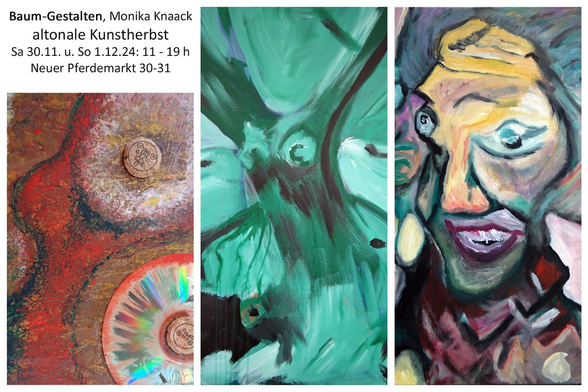 #altonale #Kunstherbst:
Sa 30. 11.24 von 11 - 19 h
So, 01.12.24 von 11 -  19 h ( 16 h, #Kunstauktion )
Ich bespiele ein Zimmer (von 50) des ehemaligen Hotel Pacific, Neuer Pferdemarkt 30-31

Baum - Gestalten, Figuren
Eintritt ( 10/7 €).

altonale.de/veranstaltunge…

#Malerei #art