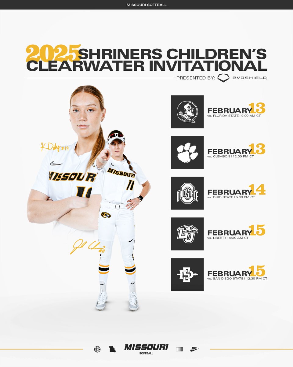 Mizzou Softball (@mizzousoftball) on Twitter photo Week 2β£ in the Sunshine State.
The schedule for the 2025 <a href="/ClearwaterInv/">Shriners Children's Clearwater Invitational</a> is setβΌοΈ
Tickets go on sale Nov. 25 at noon, CT.
#OwnIt #MIZ π―π₯ Week 2β£ in the Sunshine State.
The schedule for the 2025 <a href="/ClearwaterInv/">Shriners Children's Clearwater Invitational</a> is setβΌοΈ
Tickets go on sale Nov. 25 at noon, CT.
#OwnIt #MIZ π―π₯