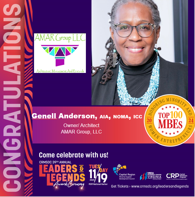 AMARGroup1's tweet photo. Congratulations to AMAR Group, LLC! 🎉 The remarkable Genell Anderson, the visionary behind the organization, is set to be honored at the 39th Annual Leaders &amp; Legends Awards Ceremony on November 19, 2024, at MGM National Harbor!

#Top100MBE #CRMSDCLeadersAndLegends https://t.co/TFSOCp2caK