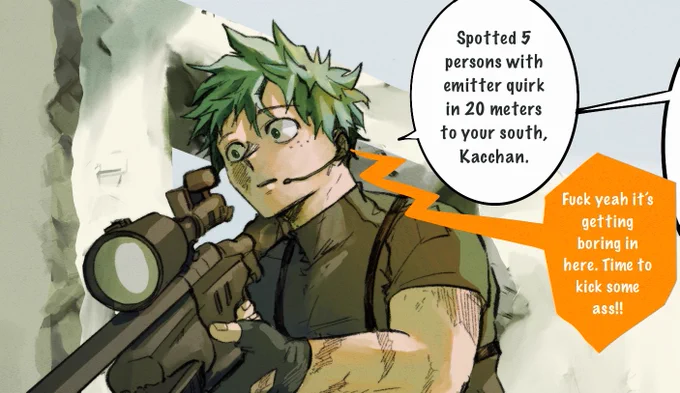 The start of their joint mission :))

Note:
- He usually use a tranquilizer bullet so he doesn't kill anyone and provide support/back up for the team.
- Deployed in a stealthy type of mission
- GEMGD often insist he's working on the same team deku is

(Full page on bsky) 