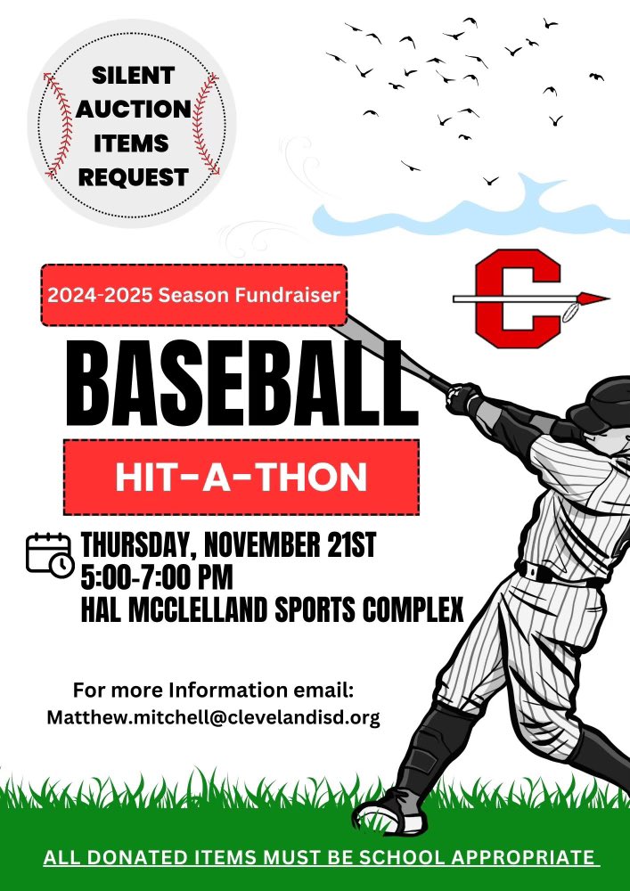 Come out and Join us next week at our Annual Hit-a-thon and support the young men of the Cleveland Baseball Program! 
You can also catch a  Cleveland softball fall ball game as well!