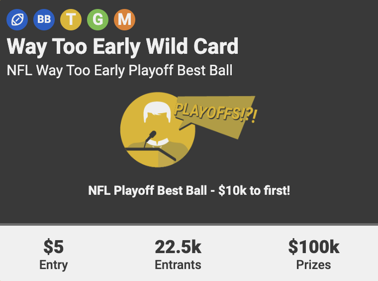 UnderdogDrafts's tweet image. Way Too Early Wild Card is LIVE 🏈

$5 to Enter
$100k in Prizes
$10k to 1st Place!

The Little and Big Way Too Early Wild Card are also live!