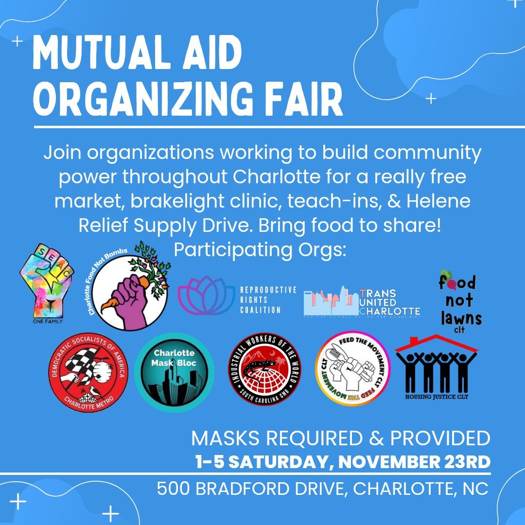 this part!

if you're in Charlotte come out to this organizing fair that we're hosting on the 23rd from 1-5pm at 500 Bradford Drive! (this time including alt text on the flyer, sorry for not doing so before!)