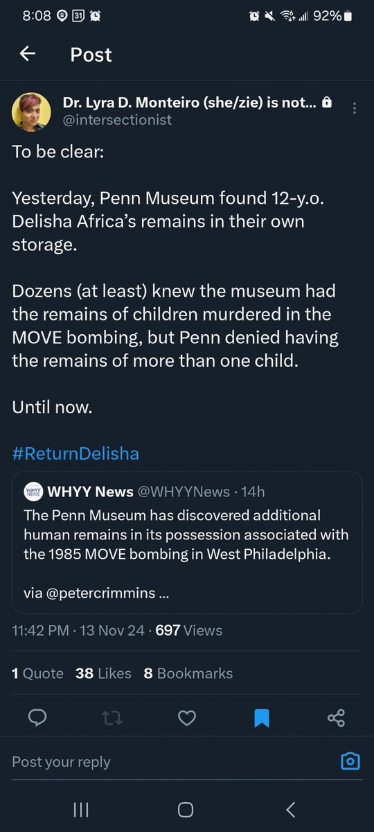 mecbordel's tweet photo. .@intersectionist was right all along. @pennmuseum was always lying and now they finally admit. As if a brutal murder wasn’t enough this poor girl was being tortured in death too by @penn staff for some kind of hideous gratification under the guise of “science”.#returnDelisha!! https://t.co/Kl80Vv2MOf