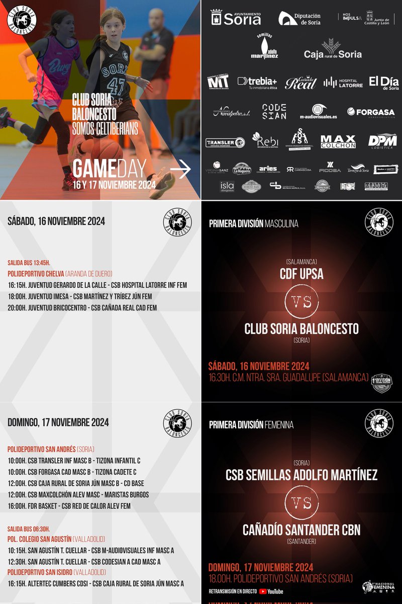 baloncestosoria's tweet photo. Ya tenemos aquí una nueva jornada 🏀
Sábado, jugamos fuera 🚌
Domingo, gran parte de la jornada es en casa 🏟️
¡Apunta los horarios! 🗓️
#somoscsb #somosceltiberians #CanteraCSB #basketcyl #baloncesto #PrimeraDivision https://t.co/ueZyspWnrk
