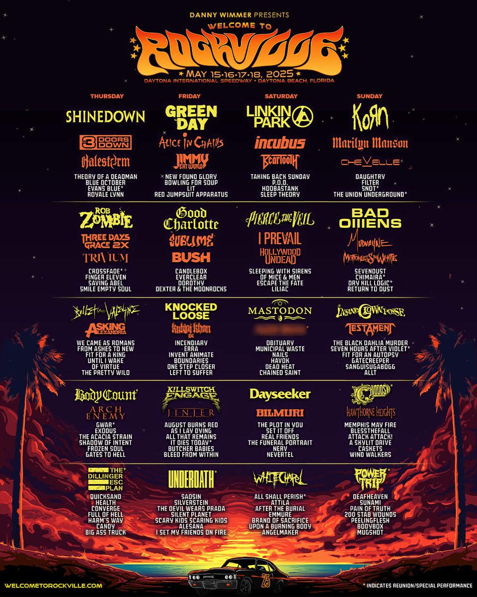 LINEUP ANNOUNCEMENT: The 14th Annual Welcome To Rockville returns to Daytona Beach, Florida on May 15-18, 2025 bringing you the largest lineup in Festival History! Experience North America's Largest Rock Festival featuring 152 bands filled with both Reunions and Special