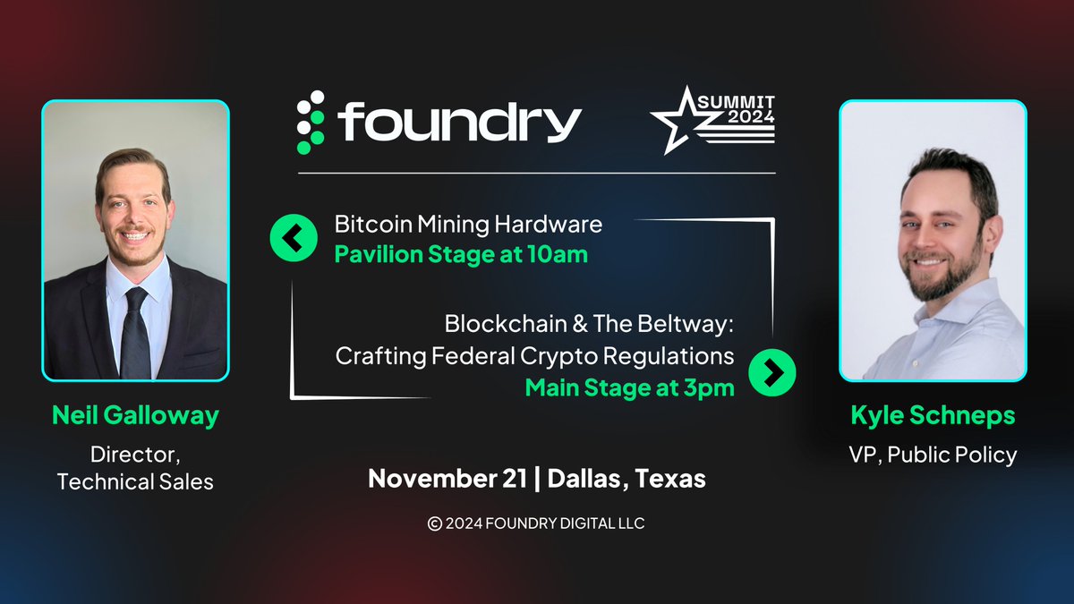 Foundry (@foundryservices) on Twitter photo Next week, Neil Galloway <a href="/BitcoinNeil/">Neil Galloway</a> and Kyle Schneps <a href="/GoBankYourself/">Kyle Schneps</a> will take the stage at the North American Blockchain Summit. Don't miss these engaging panels on mining hardware and federal crypto regulations. See you in Texas! <a href="/NABSummit/">North American Blockchain Summit - OCTOBER 2025</a> <a href="/TXblockchain_/">Texas Blockchain Council</a> #Bitcoin #Energy Next week, Neil Galloway <a href="/BitcoinNeil/">Neil Galloway</a> and Kyle Schneps <a href="/GoBankYourself/">Kyle Schneps</a> will take the stage at the North American Blockchain Summit. Don't miss these engaging panels on mining hardware and federal crypto regulations. See you in Texas! <a href="/NABSummit/">North American Blockchain Summit - OCTOBER 2025</a> <a href="/TXblockchain_/">Texas Blockchain Council</a> #Bitcoin #Energy