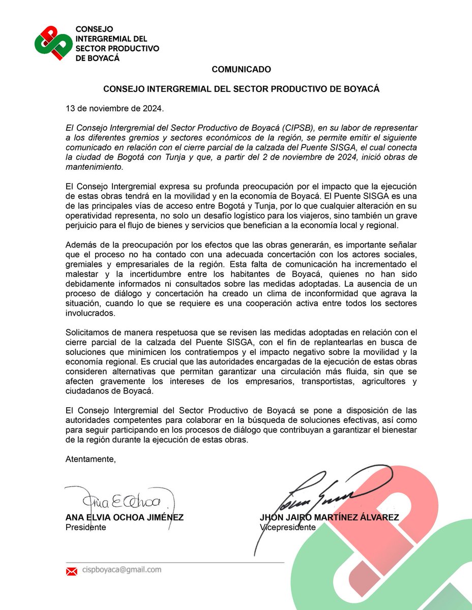 Desde el #CISPB buscamos garantizar el bienestar de la región y el apoyo constante al sector gremial que se puede ver afectado por el cierre parcial de la calzada del puente #SISGA. Hacemos un llamado para que se revisen las medidas adoptadas.