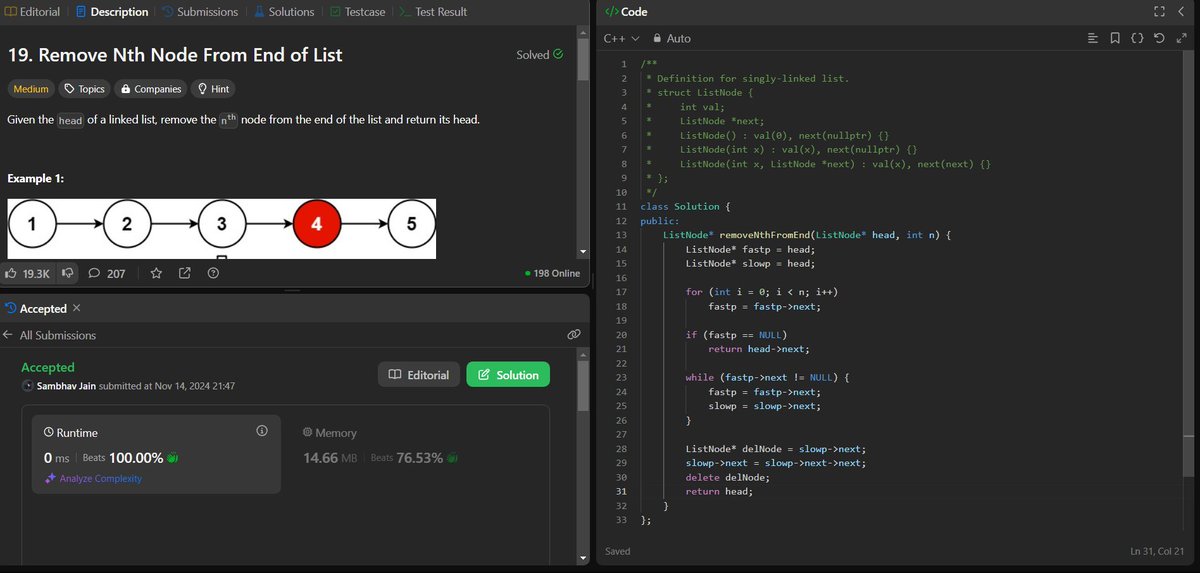 jsambhav5's tweet photo. #Day43 of #100DaysOfDSA
Topics and Learnings: #LinkedList, #2Pointers, #FastAndSlowPointers
Problems Solved:
75. #LeetCode #19 : Remove Nth Node From End of List
Approach: Used #TwoPointers to solve this
TC: O(N)
SC: O(1) https://t.co/n3A4NKZgbP