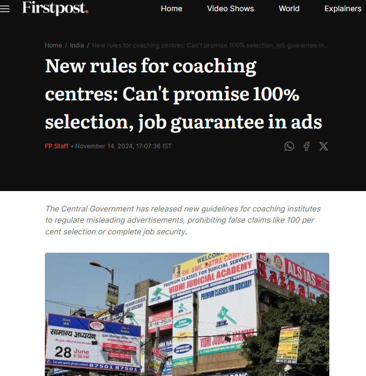 CivilLearning1's tweet image. Coaching institutes will not be able to claim 100% selection and 100% job  

◆ Center issued new guidelines for coaching centers  

◆ If guidelines are not followed, action will be taken under Consumer Protection Act  

#CoachingCentre | Coaching Center Guidelines