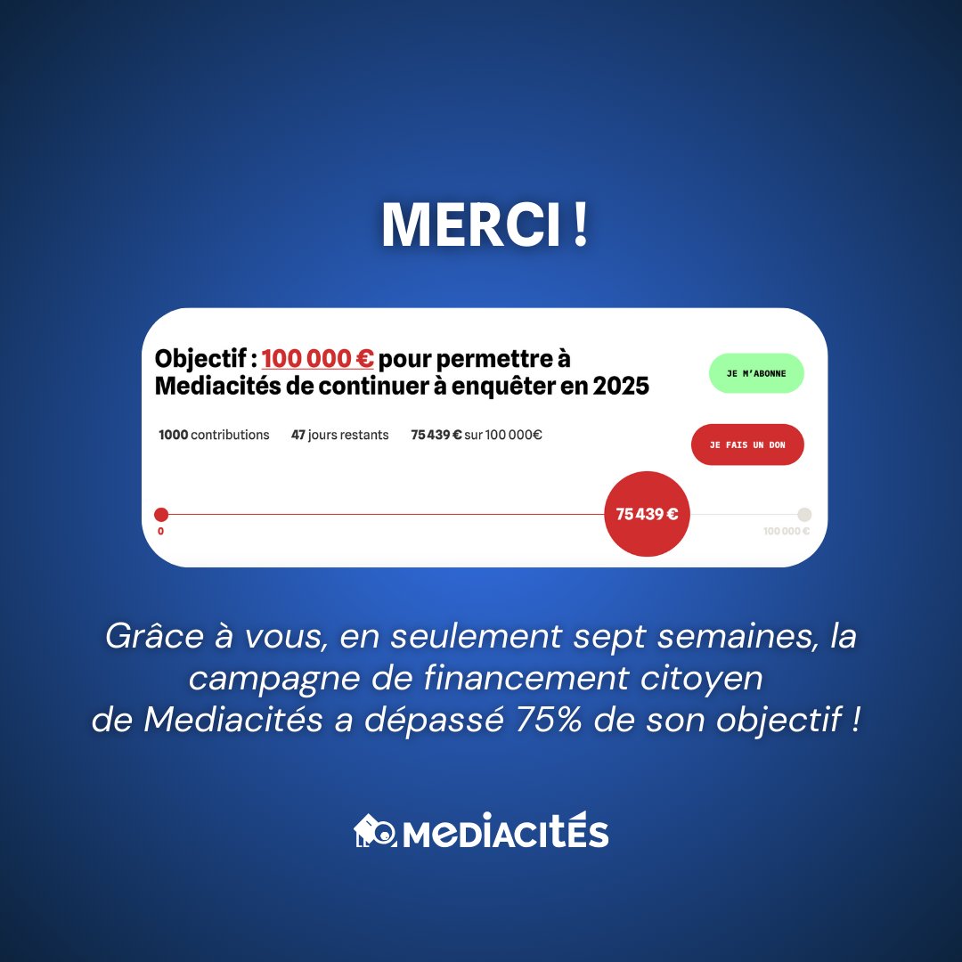 📣 MERCI ! En seulement 7 semaines, la campagne de financement citoyen de Mediacités a dépassé les 75% de son objectif final 🙏🙏🙏 

Pour autant, rien n’est joué ! Il nous reste un bout de chemin à parcourir...