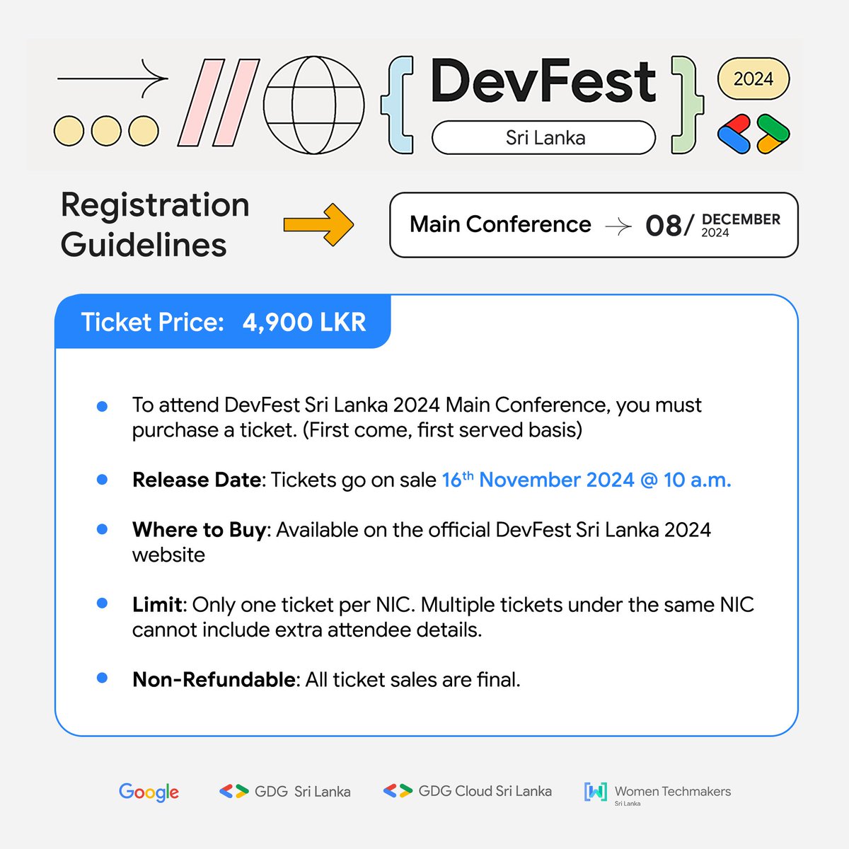 Get ready for DevFest Sri Lanka 2024 Main Conference!
 
Check out what the Main Conference offers and review the registration guidelines to secure your spot!  

#DevFest #DevFestLK2024 #DevFestSL2024 #GoogleForDevelopers #GDGSriLanka #GDGLK #GDGCloudLK #WTMLK