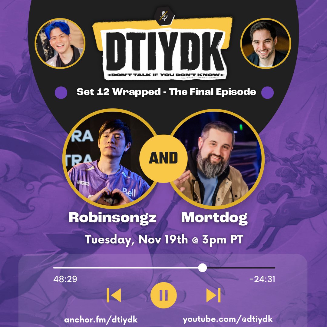 Okay well now that it's out there....

DTIYDK - The Final Episode with <a href="/robinsongz/">robinsongz</a> <a href="/Mortdog/">Riot Mort</a> and other rotating guests

We wrap up Set 12, talk about TFT past-present-future, and drop a historical NA ranking to settle the discussion once and for all

📅Tuesday, Nov 19th @ 3pm PT