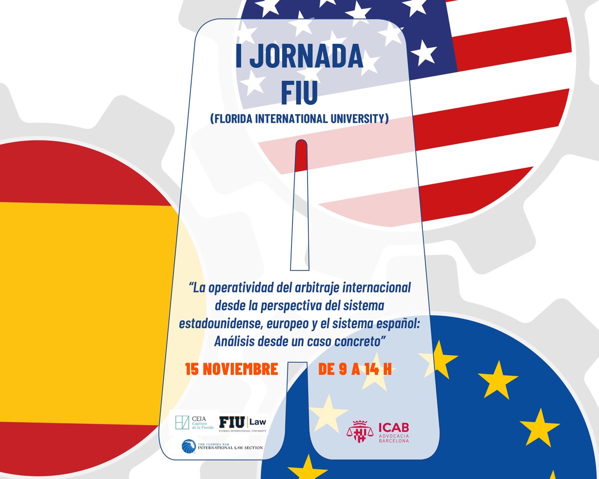 ArbitralTab's tweet photo. 🚀 Demà, 15 de novembre, celebrem la I Jornada FIU!

📚 Fruit del conveni entre l'@ICABarcelona i @FIU, aquesta jornada reforça la col·laboració en dret civil, mediació i arbitratge entre advocacia americana i barcelonina, amb la participació de @MunneFrederic, president del TAB. https://t.co/2ww1mb2Z39