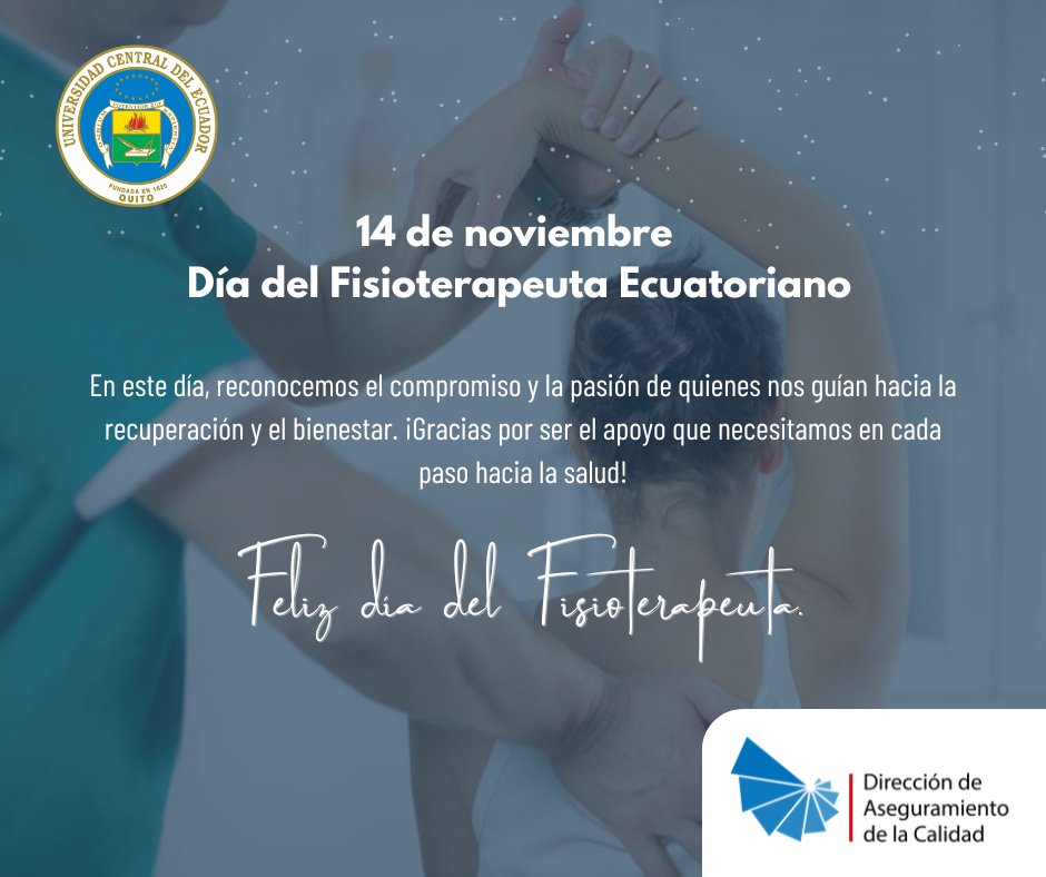¡Feliz #DíaDelFisioterapeuta!

Celebramos a quienes con su dedicación y conocimiento transforman vidas, ayudando a cada paciente a recuperar su bienestar y movimiento. Su labor es esencial para una vida activa y saludable.

#UCE #CalidadConCalidez #UCentral