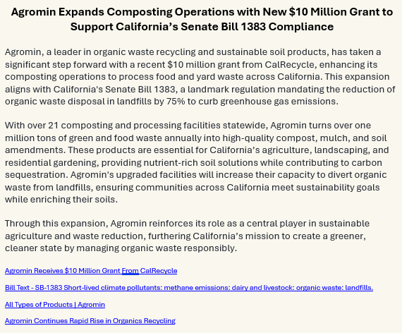 StocksForMoney's tweet photo. Agromin Expands Composting
With new $10M #CalRecycle grant, Agromin boosts its organic recycling operations to support #SB1383 Transforming green waste into sustainable soil solutions, helping reduce landfill waste & enrich agriculture
#sustainability #composting #wastereduction https://t.co/MYmNa4TbFz