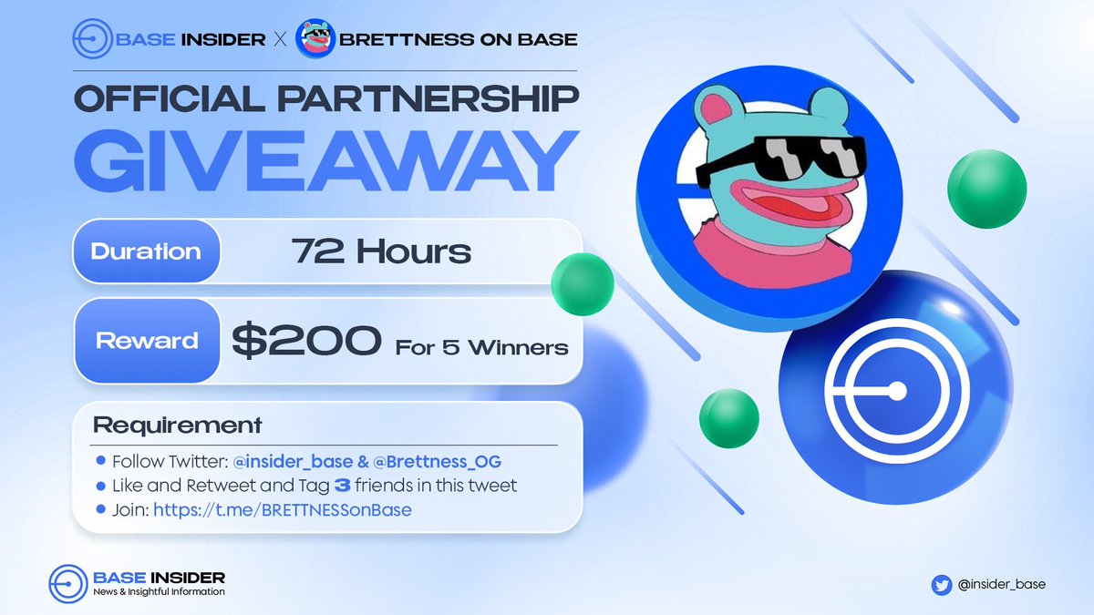Base Insider π‘οΈ (@insider_base) on Twitter photo π We're thrilled to host a giveaway event with <a href="/Brettness_OG/">Brettness on Base | Official CTO</a>, the ultimate memecoin adventure inspired by Brett's hilarious alter ego crafted by the legendary Matt Furie in Boys Club π
π $200 For 5 Winners
Rules:
- Follow <a href="/insider_base/">Base Insider π‘οΈ</a> and <a href="/Brettness_OG/">Brettness on Base | Official CTO</a>
- Like + RT + Tag 3 π We're thrilled to host a giveaway event with <a href="/Brettness_OG/">Brettness on Base | Official CTO</a>, the ultimate memecoin adventure inspired by Brett's hilarious alter ego crafted by the legendary Matt Furie in Boys Club π
π $200 For 5 Winners
Rules:
- Follow <a href="/insider_base/">Base Insider π‘οΈ</a> and <a href="/Brettness_OG/">Brettness on Base | Official CTO</a>
- Like + RT + Tag 3
