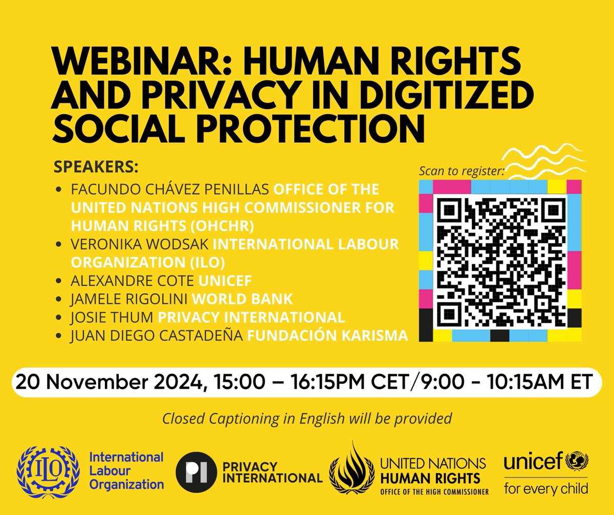 Privacy International (@privacyint) on Twitter photo Join our webinar with the <a href="/ILO/">International Labour Organization</a> <a href="/OHCHR/">OHCHR</a> <a href="/UNICEF/">UNICEF</a> & <a href="/WorldBank/">World Bank</a> on human rights & digitized social protection systems.
Increasingly, technology & processes driven by vast amounts of personal data help decide who can - and can’t - get public benefits.
Register to join the discussion! Join our webinar with the <a href="/ILO/">International Labour Organization</a> <a href="/OHCHR/">OHCHR</a> <a href="/UNICEF/">UNICEF</a> & <a href="/WorldBank/">World Bank</a> on human rights & digitized social protection systems.
Increasingly, technology & processes driven by vast amounts of personal data help decide who can - and can’t - get public benefits.
Register to join the discussion!