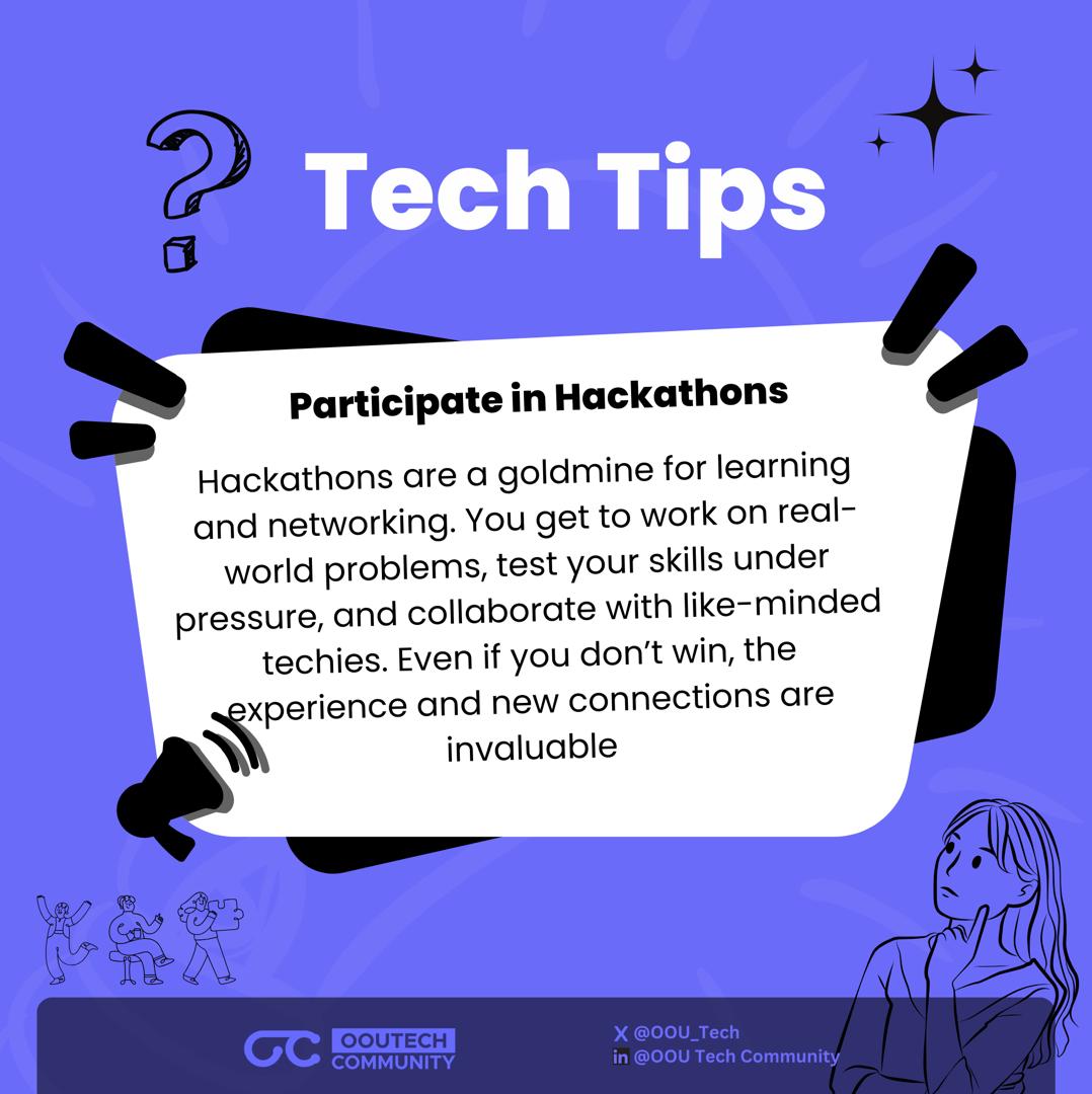OOU_Tech's tweet image. TECH TIP THURSDAY 😊

One solid way to sharpen your skills and put your skills to test is Hackathon🚀

You get to learn more, network, collaborate and get constructive feedbacks from pairs and experts in the field 😮‍💨

 Tip: Register for an Hackaton today!🤭
#OOUTECHCOMMUNITY #OOU