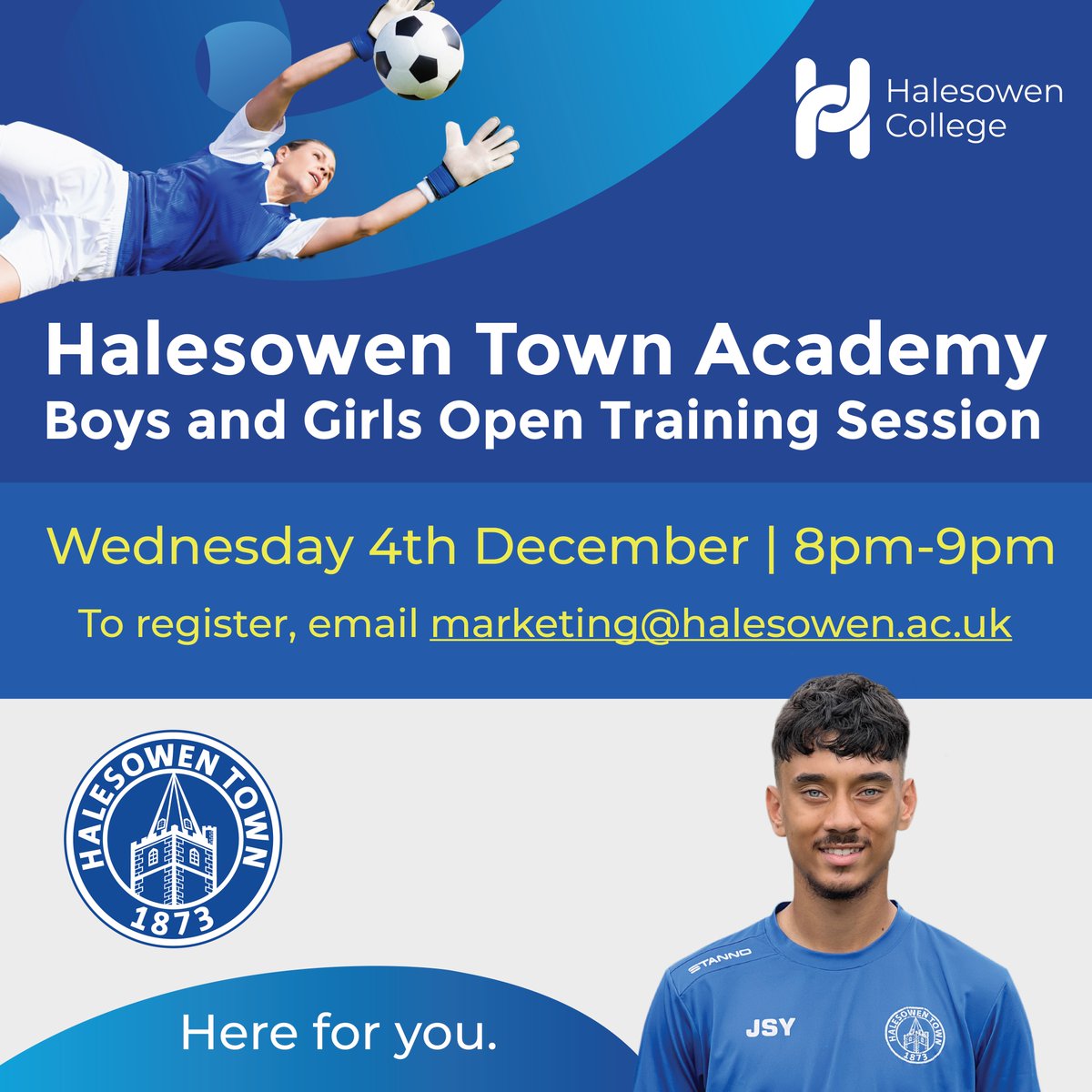 halesowencoll's tweet photo. Our Halesowen Town Football Academy are holding an open training session for those who have applied or are considering applying. 

📆 Wednesday 4th December
🕖 8pm - 9pm

To register, email marketing@halesowen.ac.uk. Please include your full name in the email. https://t.co/87eXp6sD12