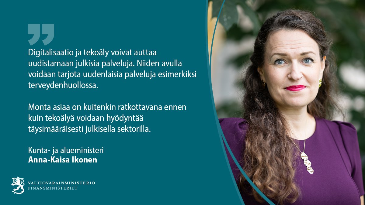 Ministeri Ikonen kirjoittaa kolumnissaan tekoälyn mahdollisuuksista julkisessa hallinnossa. Hyötyjä on tarjolla paljon, mutta myös riskit on osattava arvioida oikein. 

Lue kolumni: vm.fi/-/tekoaly-haas…

#Tekoäly | #Digitalisaatio | #JulkinenHallinto