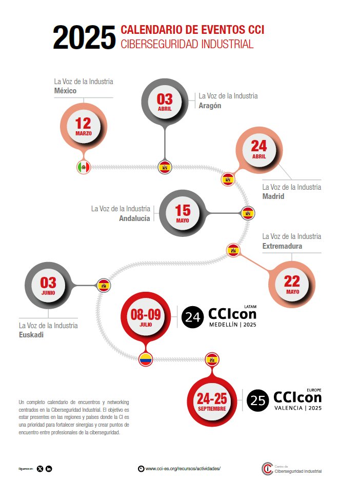 🎉EVENTOS CCI EN 2025🎉

En 2025, ven y únete a nosotros para seguir impulsando la ciberseguridad industrial en un entorno de constante cambio. 

Los eventos de CCI ofrecen un espacio para a todos los profesionales y organizaciones que buscan fortalecer sus conocimientos,