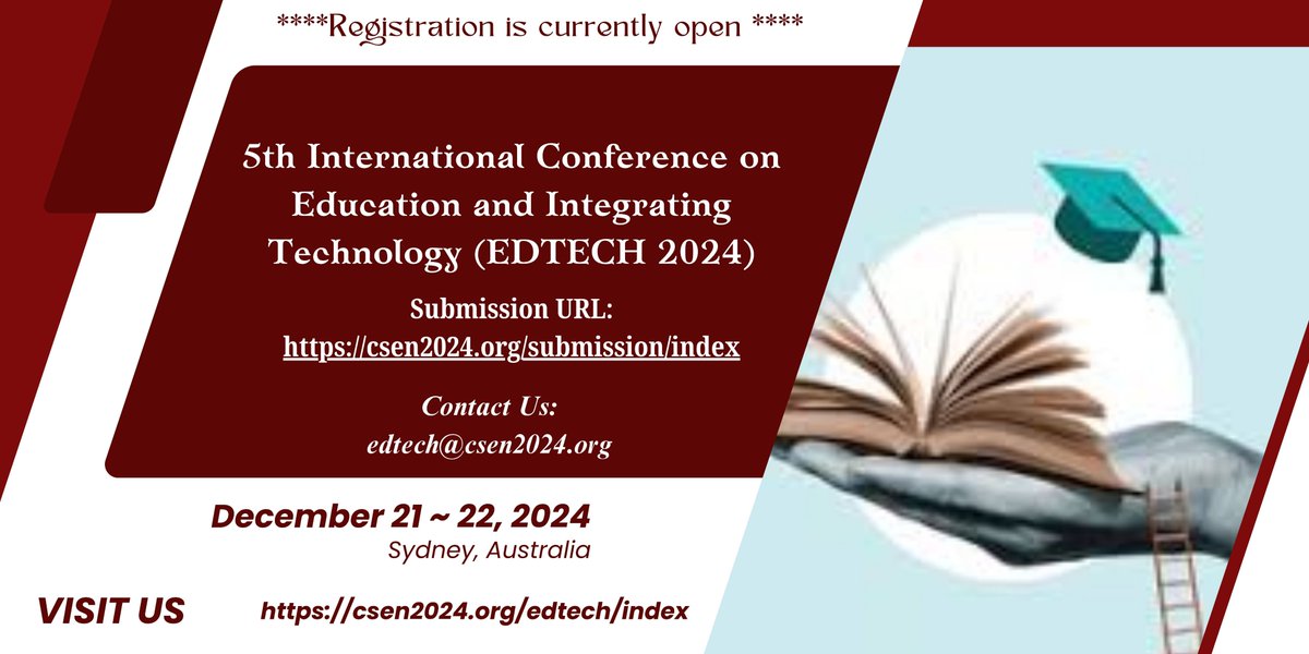 mlaijjournal's tweet image. ****Registration is currently open ****

5th International Conference on Education and Integrating Technology (EDTECH 2024)

December 21 ~ 22, 2024, Sydney, Australia

csen2024.org/edtech/index

Here&apos;s where you can reach us : edtech@csen2024.org

#Learning #AbilityGrouping