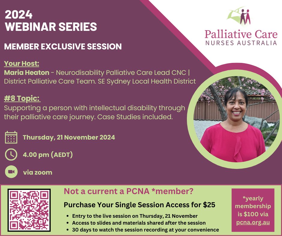 Reminder-Upcoming PCNA Member-Exclusive Webinar! Not a PCNA member? You can either join to access this and ongoing webinars here: bit.ly/3TwycFj or purchase single session access here: bit.ly/3URhkcC
#PCNA #PalliativeCare #NurseEducation #IntellectualDisability