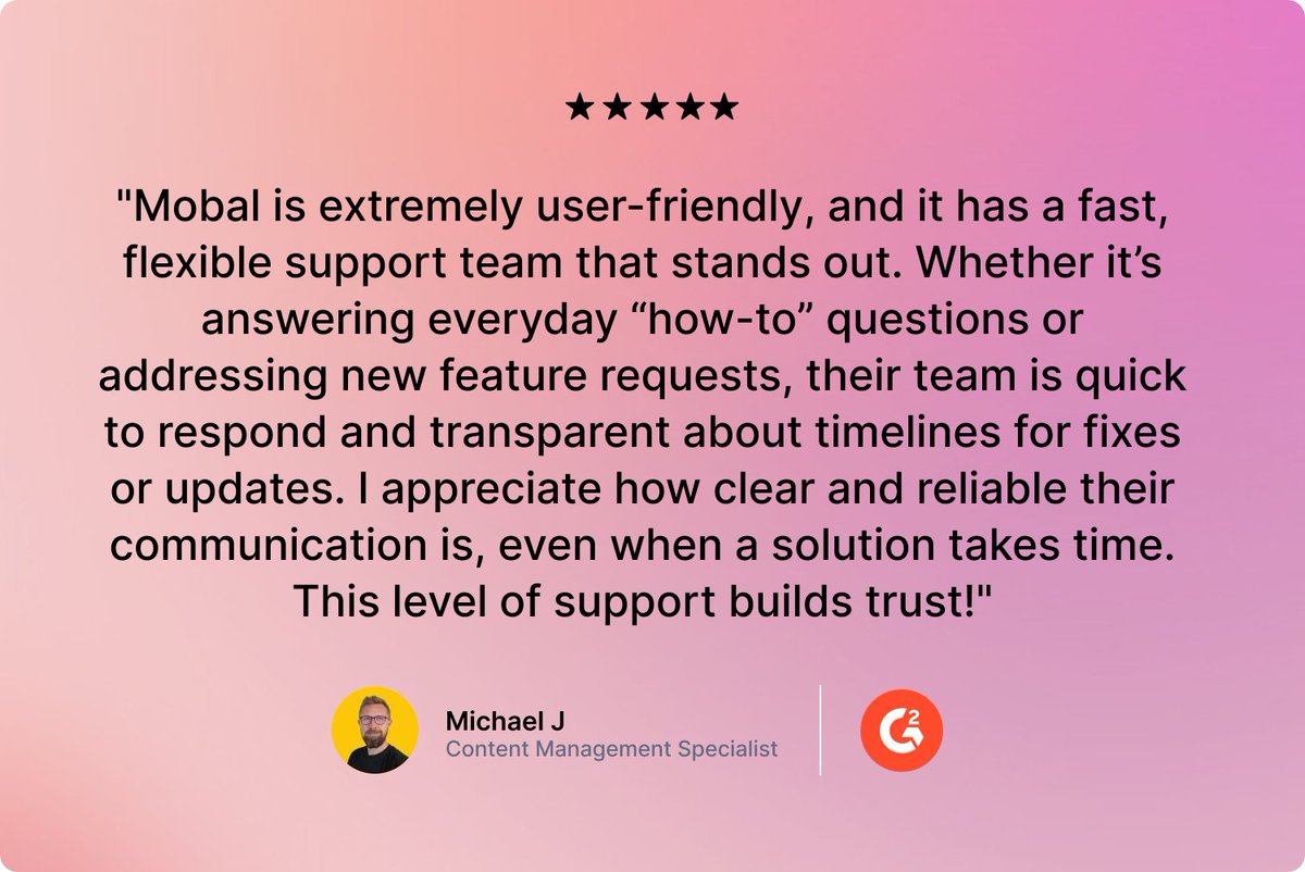 We love hearing from our customers! At Mobal, we’re dedicated to making location marketing not only easy but also enjoyable, while ensuring our users get the support they truly deserve.

Try out for free → hubs.li/Q02WX_8Y0

#mobal #localmarketing #saas