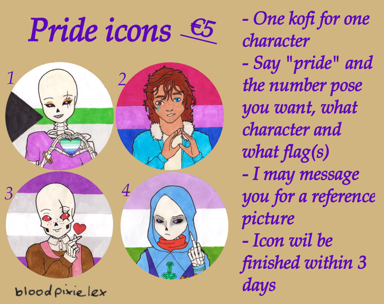 BloodPixieLex's tweet photo. bringing these back cus i need the money; you can have  any background, not just the pride flags
€5, flat colours; OCs are fine too
https://t.co/fS0ilmInDD https://t.co/Z7MuCHHdzq