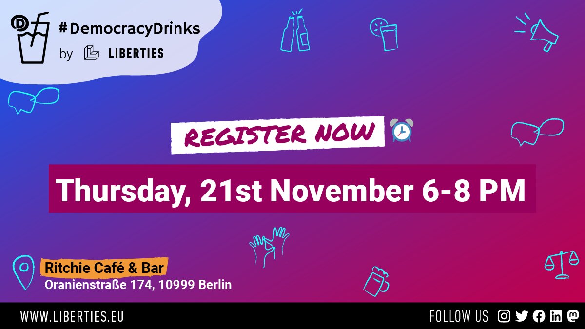 🍺 Have you RSVP'd for #DemocracyDrinks Berlin?

Join Liberties next week, there's much to discuss and we're happy to let you lead the conversation.

📆 6-8pm, Thurs 21st Nov
📍Ritchie Café &amp; Bar, Oranienstr 174, 10999 Berlin

Register now
➡️ DD21Nov24.eventbrite.com