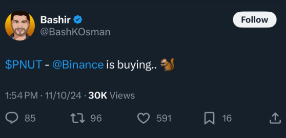 币安上架了两个新的meme币：$ACT和$PNUT.令人惊讶的是，两者都是低市值币，

一位 KOL 在 $PNUT 的上市前暗示了该上市