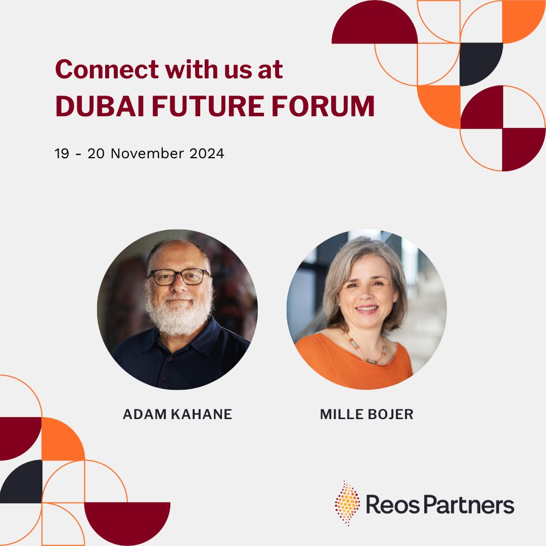 We’re excited to be participating in #DubaiFutureForum 2024 from 19 - 20 Nov! 🚀

Connect with <a href="/adamkahane/">Adam Kahane</a> and <a href="/millebojer/">Mille Bojer</a> of Reos Partners to discover collaborative pathways to shape the future.

#DubaiFuture #FutureForum24 #RadicalCollaboration #FuturesThinking

<a href="/DubaiFuture/">Dubai Future Foundation</a>