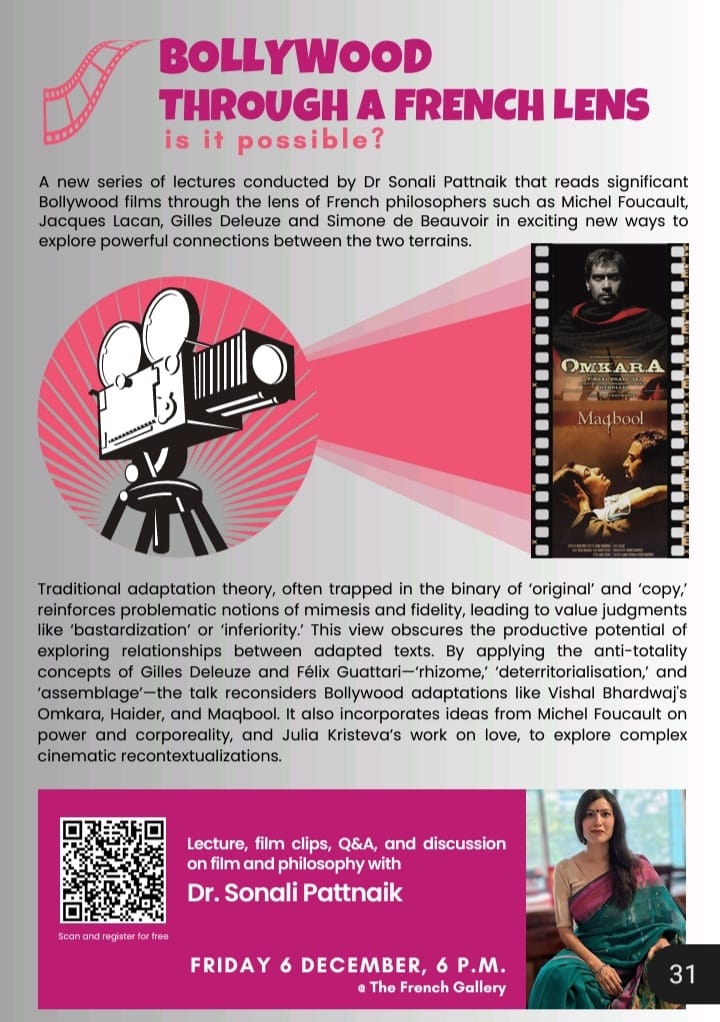 The second of my Bollywwod film and French philosophy lecture series at Alliance Francaise D'Ahmedabad. Huge thank you to Emmanuel Bouttiau. Folks, do come. 6th December.