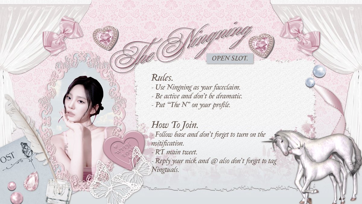 ᅠᅠᅠ
𝞋𝞎. ( 𝐓𝐡𝐞 𝐍𝐢𝐧𝐠𝐧𝐢𝐧𝐠 ) : flapping its wings by opening the new sun, calling out for all the doves Ningning rps, to fly together in a house that's so enchanting, check this out, flowery and shine : 
ᅠᅠᅠ