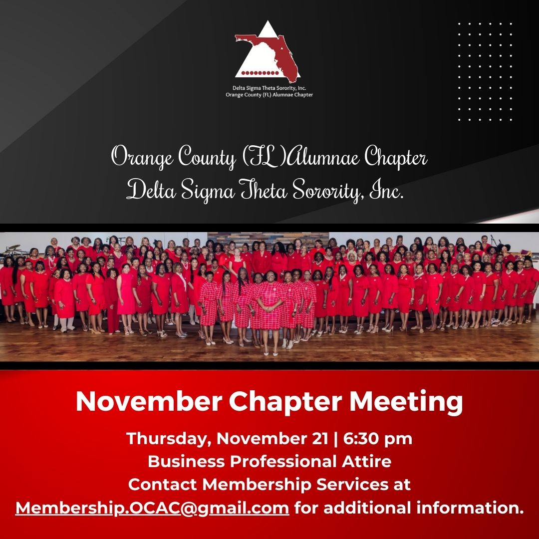 OCACFLDST's tweet photo. Mark your calendars for OCAC's November Chapter Meeting on November 21 at 6:30 p.m.! Whether you're new to the area or ready to return home, we're thrilled to welcome you! Remember, visiting sorors must register 72 hours before the meeting by contacting sgtatarms.ocac@gmail.com. https://t.co/q8JCaYomlT