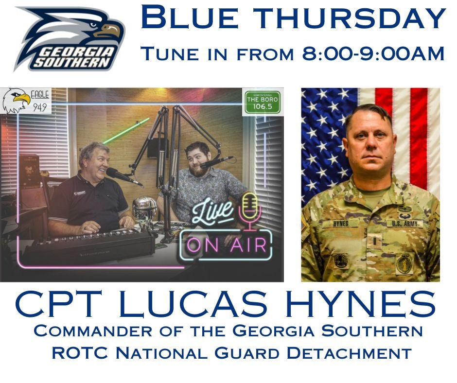 GSSportsNetwork's tweet photo. #EagleNation tune in to East Georgia’s Morning Show from 8-9 am for 𝘽𝙡𝙪𝙚 𝙏𝙝𝙪𝙧𝙨𝙙𝙖𝙮 featuring @GSDetachment Commander @Lucas_Hynes talking about @GSAthletics_FB Salute to Service on Saturday v Troy!
 
Live Audio: https://t.co/hc3XWfQXJf

#GATA @Learfield https://t.co/12YTLrdUpX