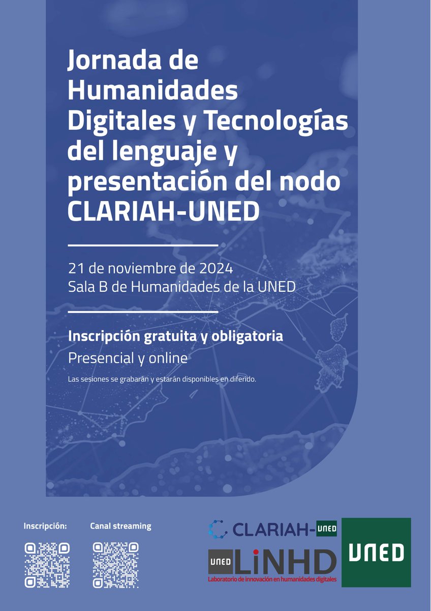 Rocío Ortuño (@escartxa) on Twitter photo ¡Apunten! El 21 de noviembre tendrá lugar una Jornada de #HD y Tecnologías del Lenguaje y la presentación del nodo <a href="/clariahes/">clariahes</a> de la <a href="/UNED/">UNED</a> . Se podrá seguir online en directo. Info y programa 👉 linhd.uned.es/jornada-de-hum… <a href="/HDHispanicas/">Humanidades Digitales Hispánicas (HDH)</a> <a href="/linhduned/">LINHD</a> <a href="/HdigitalesAL/">HumanidadesDigitales</a> <a href="/Red_HD/">Red HD</a> <a href="/DARIAHeu/">DARIAH-EU | @dariaheu.bsky.social</a> ¡Apunten! El 21 de noviembre tendrá lugar una Jornada de #HD y Tecnologías del Lenguaje y la presentación del nodo <a href="/clariahes/">clariahes</a> de la <a href="/UNED/">UNED</a> . Se podrá seguir online en directo. Info y programa 👉 linhd.uned.es/jornada-de-hum… <a href="/HDHispanicas/">Humanidades Digitales Hispánicas (HDH)</a> <a href="/linhduned/">LINHD</a> <a href="/HdigitalesAL/">HumanidadesDigitales</a> <a href="/Red_HD/">Red HD</a> <a href="/DARIAHeu/">DARIAH-EU | @dariaheu.bsky.social</a>