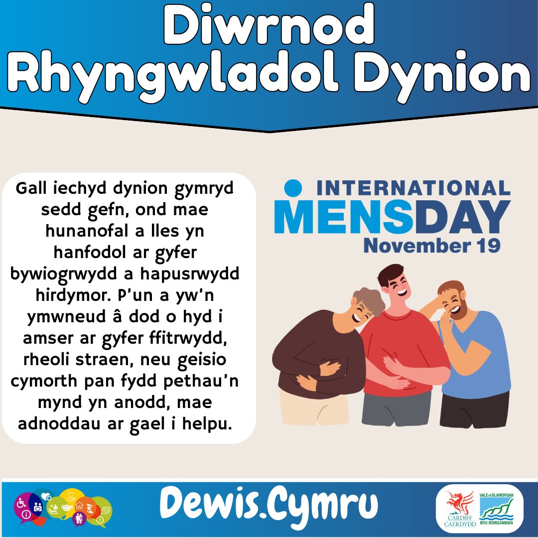 Ar #DiwrnodRhyngwladolMersDay gadewch i ni dynnu sylw at bwysigrwydd iechyd meddwl a lles dynion. Mae dynion yn aml yn wynebu heriau unigryw yn eu teithiau iechyd, ond gall cymryd y cam cyntaf hwnnw tuag at les wneud byd o wahaniaeth.  #dewiscymru