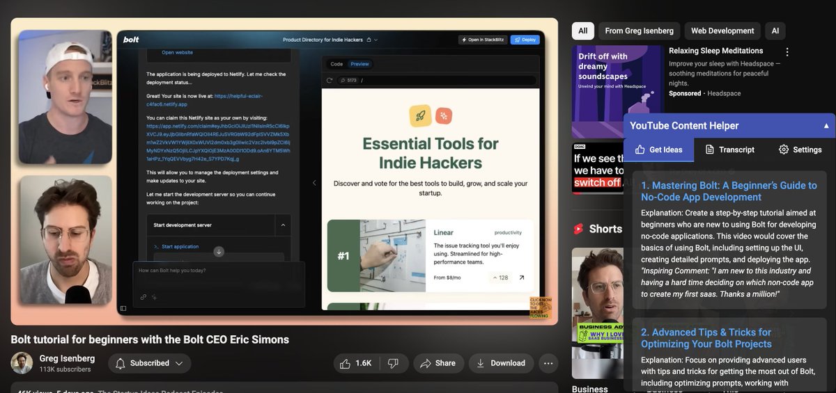 Chrome Ext - YouTube helper - Get Ideas from videos &amp; know what comment inspired it + transcript. Download ideas as excel to plug into workflow.