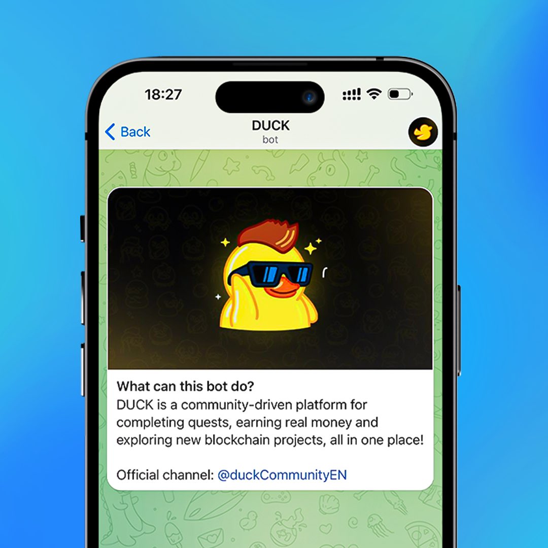 Hey, future Duckers!

What is Duck? It’s the first quest platform on Telegram, where you’ll explore the hottest crypto projects and earn rewards along the way. 

My creators are working hard to bring you top partners and solid loot. Ready to dive in? 

Let’s get quacking!