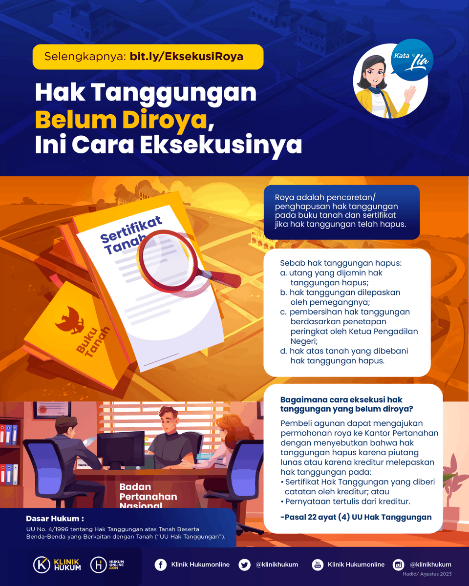 klinikhukum's tweet photo. Jika hak tanggungan belum diroya, bagaimanakah cara eksekusinya? Simak penjelasan selengkapnya pada infografis berikut!

Selengkapnya: https://t.co/AJPrvbymH2 

#KlinikHukum #MelekHukum #BiarMakinPaham #InfografisHukum #HakTanggungan #Jaminan #Roya https://t.co/4saAjxcP9a