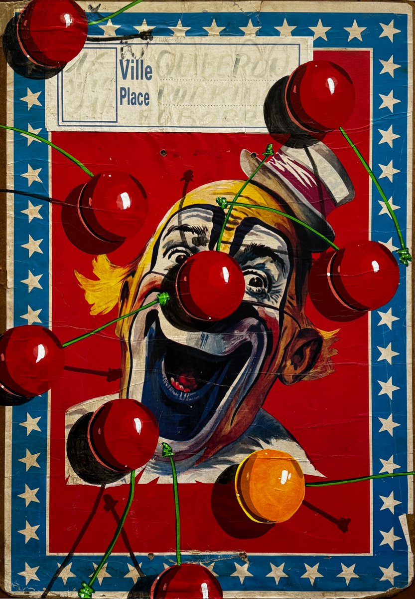 HalbertJacques's tweet image. NOSY CLOWN. Acrylics on antic poster. 2024. Copyright Jacques Halbert ADAGP.