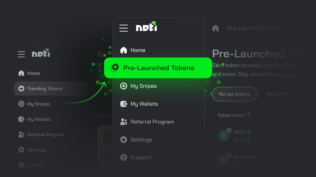 Trending Tokens are about to upgrade 😎

We’re transforming our “Trending Tokens” section into Pre-Launched Tokens discovery, designed to make your sniping process faster and safer. Here’s what to expect:

🟩 Instant Simulations: Noti already performs off-chain trade simulations for each token, allowing you to make sure it’s secure before sniping.

🟩 AI-Powered Token Data: Get detailed data on each token, including ratings and security checks to help you decide whether it’s a snipe or skip

🟩 All-in-One Solution: Your every sniping step is covered. Find tokens, assess risks, make simulations, and snipe - everything in one place, eliminating the need for external tools.

Stay tuned and precise 🎯 
https://t.co/KmNU7yOpmj