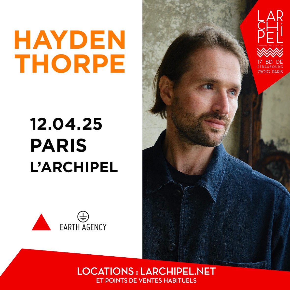 [annonce concert]
🗓️ HAYDEN THORPE le 12/04
🎟️à partir de 13,50€
🎼Indie Pop
ℹ️  larchipel.net/spectacle/hayd…
Hayden s'est fait connaître en tant que chanteur et compositeur principal du célèbre groupe Wild Beasts, qui a sorti 5 albums acclamés sur Domino Records avant de se séparer.